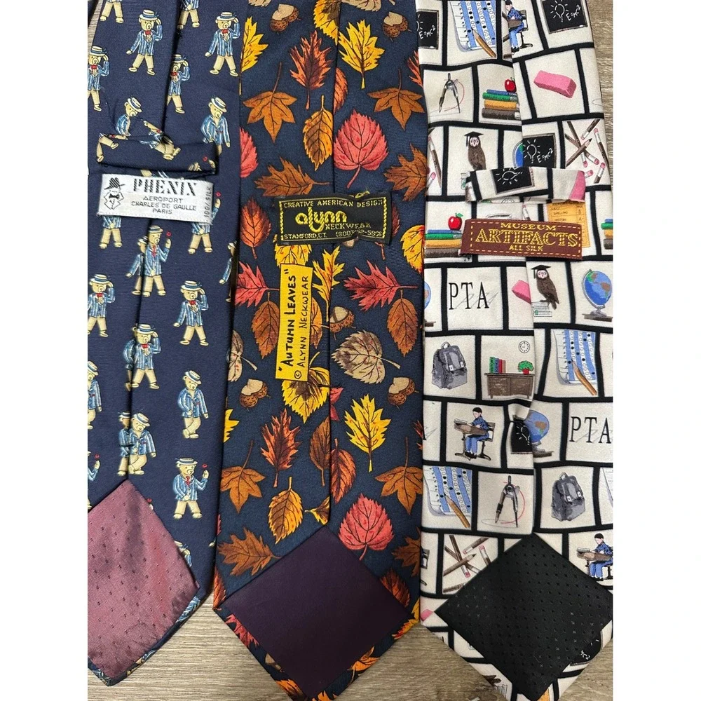 Lot of 3‎ Vintage Silk Ties Alynn Autumn Leaves Museum Artifacts PTA Phenix Bear